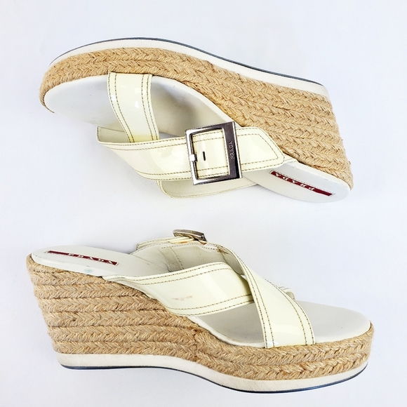 PRADA Espadrille White Leather Wedge Sandals - Picture 11 of 12